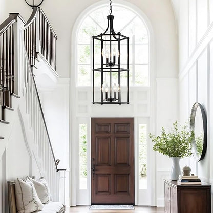 Foyer Chandeliers for High Ceilings 8-Light Black Chandelier for Entryway Lantern Tiered Pendant Light Fixtures Hanging Modern Farmhouse Chandeliers for Staircase Hallway Kitchen Living Room
