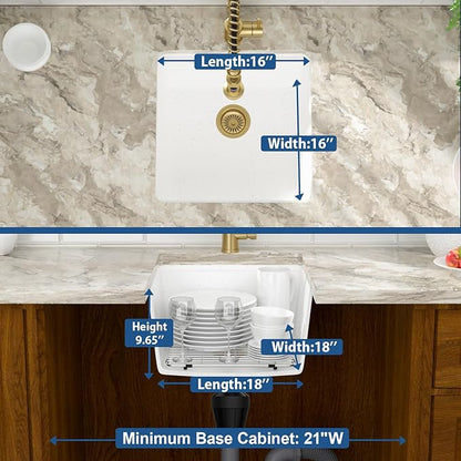 Mocoloo 18 Inch White Undermount Granite Composite Kitchen Bar Sink - 18 x 18 Matte White Ledge Workstation Kitchen Sinks, Composite Quartz Single Bowl Under Counter Bar Prep Rv Sink Basin