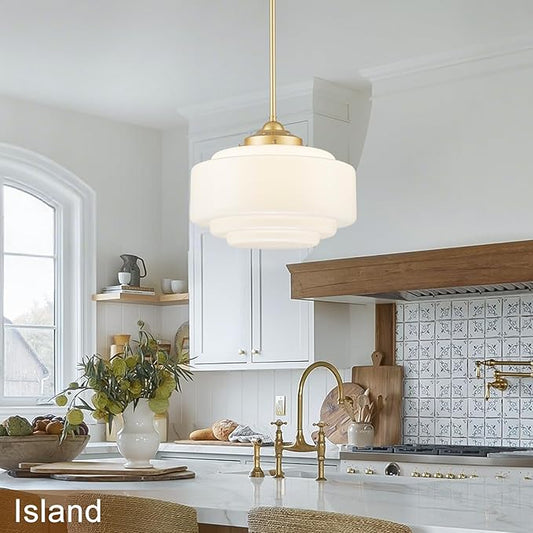 Milk Glass Pendant Light 14” Mid Century Modern Pendant Lighting Fixture With Gold Metal Vintage Schoolhouse Chandelier For Dining Room Kitchen Island Living Room Bedroom, Adjustable Height (E26)