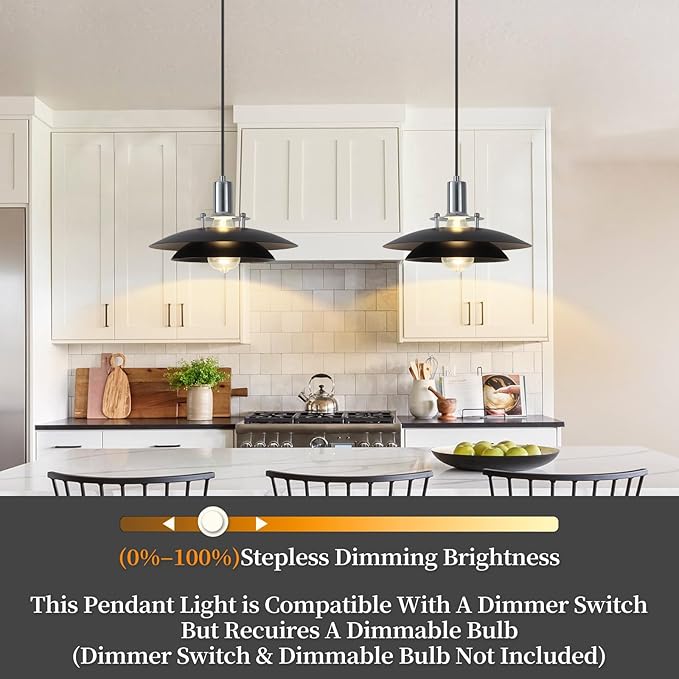 Black Pendant Lights Kitchen Island 2 Pack, 11.8 inch Farmhouse Kitchen Pendant Lighting with Double-Tier Shade, Modern Dining Room Light Fixtures, Mid Century Pendant Light