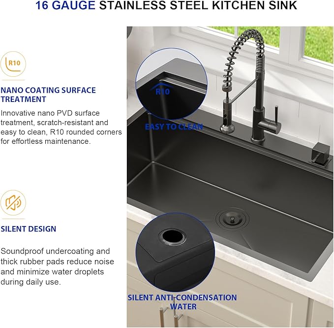 Dcolora 36 Inch Black Kitchen Sink Workstation Drop In Single Bowl Large Sink 16 Gauge Stainless Steel Nano PVD Coating Topmount With Round Corners, #DC-T8864