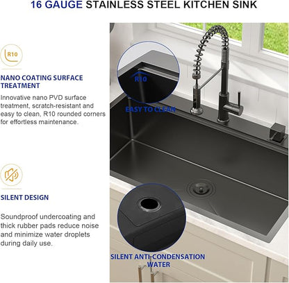 Dcolora 36 Inch Black Kitchen Sink Workstation Drop In Single Bowl Large Sink 16 Gauge Stainless Steel Nano PVD Coating Topmount With Round Corners, #DC-T8864