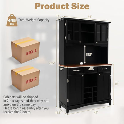 LOKO Kitchen Hutch Storage Cabinet, Sideboard Buffet Kitchen Cupboard with 4 Doors, 3 Drawers, 5 Adjustable Shelves and 9 Wine Grids, 44 x 17 x 72.5 inches (Black)