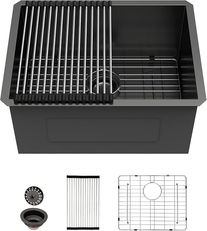 Sarlai 12“ Deep Laundry Sink Undermount - 24 Inch Black Undermount Kitchen Sink Utility Laundry Sinks Stainless Steel Single Bowl Under Counter Handmade Laundry Utility Room Basin