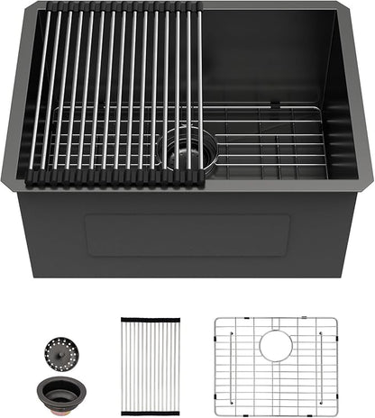 Sarlai 12“ Deep Laundry Sink Undermount - 24 Inch Black Undermount Kitchen Sink Utility Laundry Sinks Stainless Steel Single Bowl Under Counter Handmade Laundry Utility Room Basin