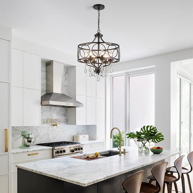 Modern Black Chandelier 17.7" Metal Crystal Pendant Lighting Fixture Hanging 6-Light for Dining Room Bedroom Living Room Kitchen Entryway