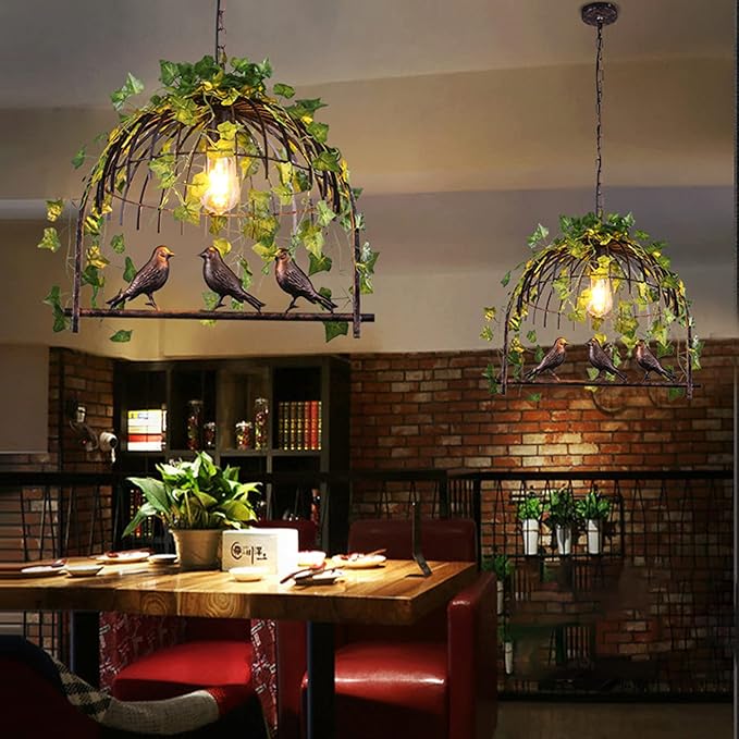 Plant Black Pendant Lighting For Kitchen Island Farmhouse, Black Resin Bird Cage Industrial Pendant Light, Retro Industrial Black Iron Bird Cage Green Plants Black Chandelier Farmhouse Restaurant