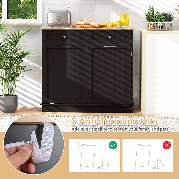 Giantex Tilt Out Trash Can Cabinet, Kitchen Island Table w/RubberWood Top, 2 Drawers, Adjustable Shelf for Hidden Laundry Hamper, Pet Proof Garbage Can for Dining Living Room (Brown, 15.5 Gal)