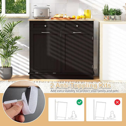 Giantex Tilt Out Trash Can Cabinet, Kitchen Island Table w/RubberWood Top, 2 Drawers, Adjustable Shelf for Hidden Laundry Hamper, Pet Proof Garbage Can for Dining Living Room (Brown, 15.5 Gal)