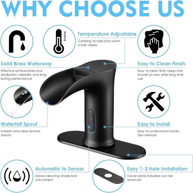 Automatic Sensor Touchless Waterfall Bathroom Sink Faucet, Modern Electronic Sensor Lavatory Faucet, Matte Black Hands Free Vanity Faucets with Control Box and Temperature Mixer