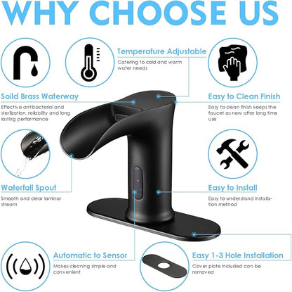 Automatic Sensor Touchless Waterfall Bathroom Sink Faucet, Modern Electronic Sensor Lavatory Faucet, Matte Black Hands Free Vanity Faucets with Control Box and Temperature Mixer