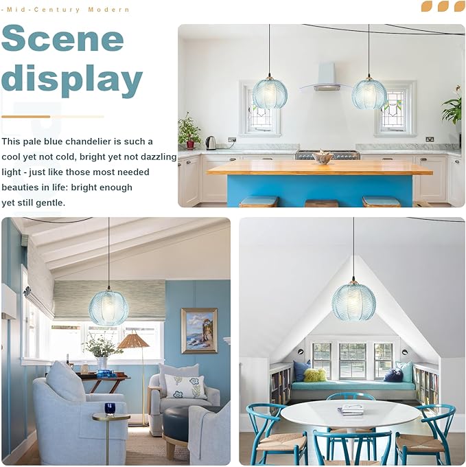 2 Pack Blue Plug in Pendant Lights for Ceiling, Modern Plug in Hanging Lamp with 8.7" Ribbed Glass Globe, Hanging Chandelier Plug in Light Fixture for Bedroom Kitchen Living Room Dining Room