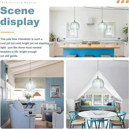 2 Pack Blue Plug in Pendant Lights for Ceiling, Modern Plug in Hanging Lamp with 8.7" Ribbed Glass Globe, Hanging Chandelier Plug in Light Fixture for Bedroom Kitchen Living Room Dining Room