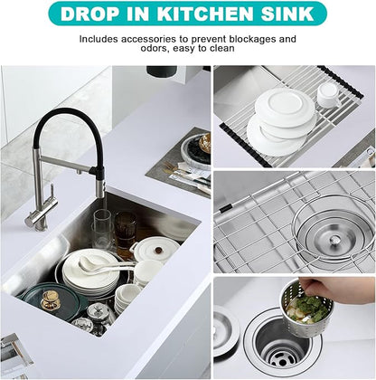 25 Inch Undermount Kitchen Sink, 304 Stainless Steel Single Bowl with Bottom Grid & Roll-Up Drying Rack, 9" Deep Handmade Utility Sink for Kitchen Laundry RV Outdoor (25"x18"x9")