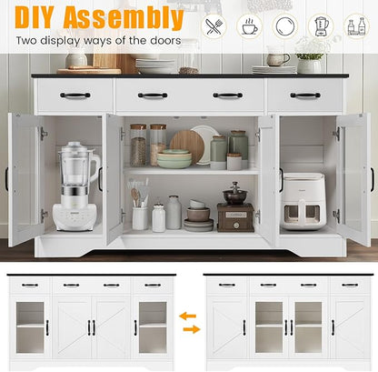 Sideboard Buffet Cabinet with Storage, 55" Large Kitchen Buffet Table with Glass Doors and Shelves, Modern Farmhouse Coffee Bar Cabinet for Kitchen Dining Living Room
