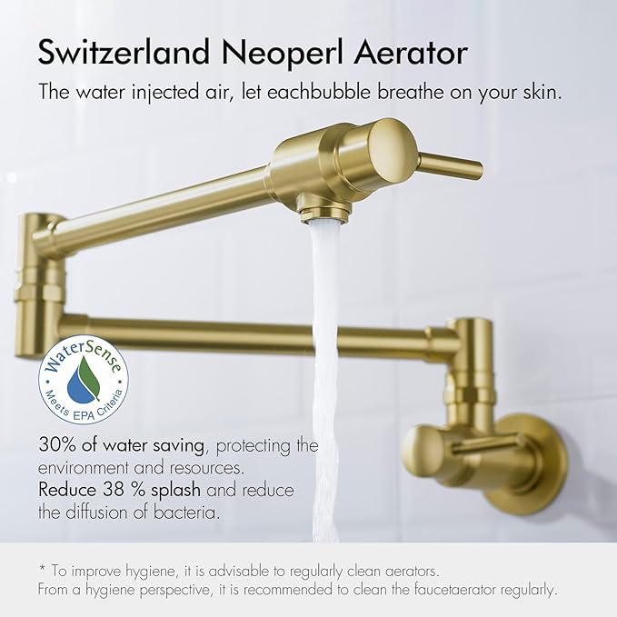 BAGNOLUX Traditional Wall Mounted Single Hole Pot Filler Faucet, Brass Kitchen Faucet Restaurant Stove with 2 Lever Handles and Double Jointed Swing Arm, 23.4 Inch, Brushed Gloss Dark Gold-PVD