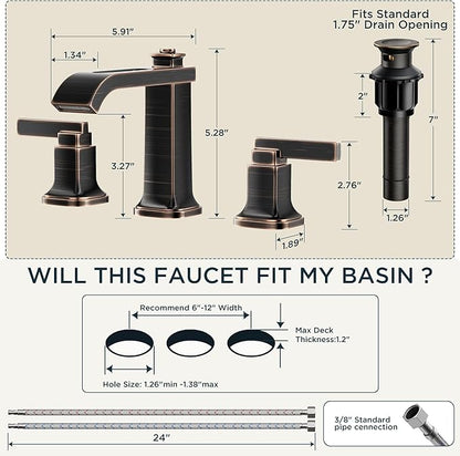 FORIOUS 3 Hole Oil Rubbed Bronze Bathroom Faucet,8 Inch Widespread Bathroom Vanity Faucets with Metal Pop Up Drain, Unique Waterfall Design