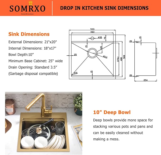 21x20 Inch Drop In Bar Sink - 16 Gauge Gold Stainless Steel Small Kitchen Sink, 10" Deep Single Bowl Workstation Sinks with Accessories for RV, Outdoor Kitchen & Wet Bar