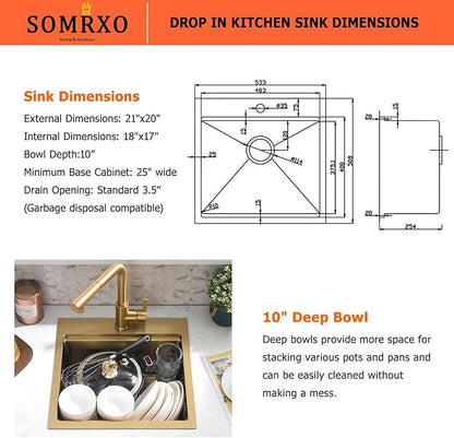 21x20 Inch Drop In Bar Sink - 16 Gauge Gold Stainless Steel Small Kitchen Sink, 10" Deep Single Bowl Workstation Sinks with Accessories for RV, Outdoor Kitchen & Wet Bar