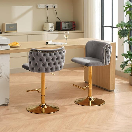 Furniture,Swivel Adjusatble Seat Height with Gold Plating Base, Classic Velvet Upholstered Bar Stools with The Whole Back Tufted, for Home Pub and Kitchen Island,Gray, Set of 2