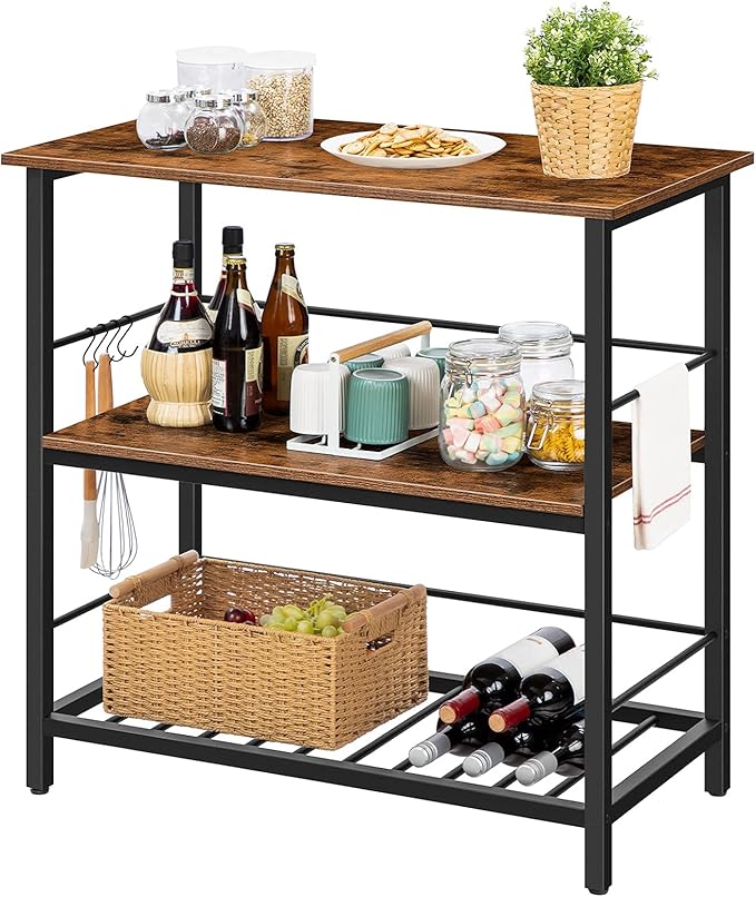 HOOBRO Bar Table Set and Kitchen Island, 47.2” Bar Table and 2 Bar Stools, Kitchen Counter with Hooks and Protective Rails for Kitchen, Living Room, Dining Room, Rustic Brown BF52BT01-BF02ZD01