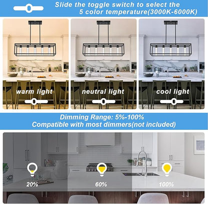 MELUCEE 5 Color Black Pendant Lights Kitchen Island, 5 Lights Modern Kitchen Island Lights 25W Dining Table Light Fixture with Crystal Bubble, Integrated LED Chandelier for Dining Room Billiard Room