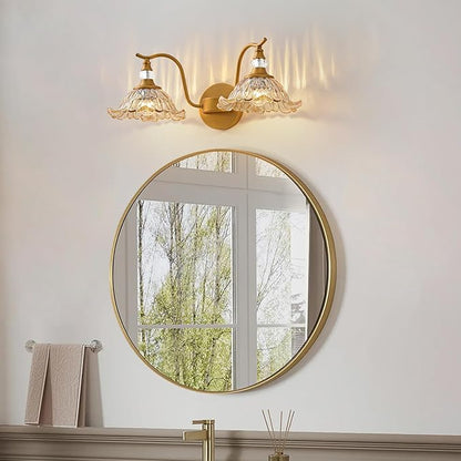 Vintage Bathroom Vanity Light Fixtures - 2 Light Antique Brass Bathroom Lights Fixture Over Mirror with Amber Flower Glass,Retro Brushed Gold Bronze Wall-Mounted Vanity Lighting for Powder Room