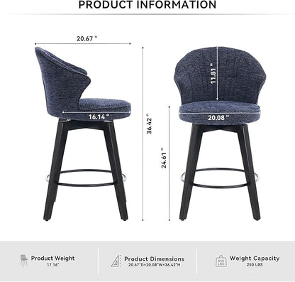 Wing Back Swivel Bar Stools Set of 2 25" Counter Height Adjustable Stools with Solid Wood Legs Chenille Upholstery, Leveling Feet for Kitchen Island, Home Pub or Dining Room, Blue