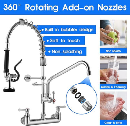Commercial Kitchen Faucet with Pre-Rinse Sprayer 8 Inch Center Wall Mount Kitchen Sink Faucet with Pull Down Spray - 25" Height Compartment Sink Faucets with 12 Inches Add-On Spout