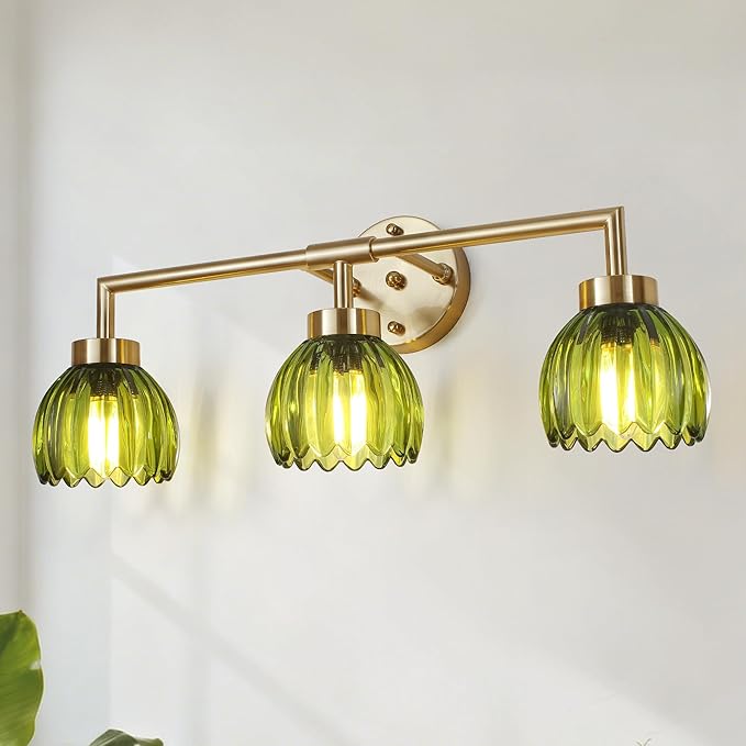 Generies Green Glass Vanity Light, Vintage 3-Light Bathroom Vanity Light Fixture Over Mirror, Art Deco Wall Sconce Lighting for Bathroom, Bedroom, Hallway, Brushed Gold