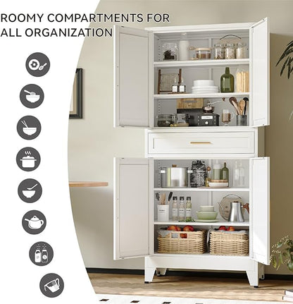 COFaR 71" Tall Pantry Cabinet with Drawer, White Storage Cabinet with Adjustable Shelves, 3-Section Freestanding Cupboard for Kitchen Organization