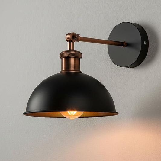 Black Industrial Wall Sconce, Adjustable 180° Dome Wall Lamp, Hardwired Metal Wall Light Fixture for Bedroom Bedside, Kitchen, Living Room, Modern Farmhouse Lighting (Black)
