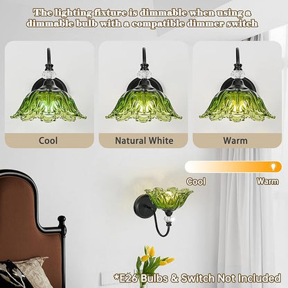 1 Piece Black Wall Sconce with Floral Green Glass Shade, Black Farmhouse Wall Mount Lighting for Bathroom,Vintage Bathroom Vanity Light Fixture