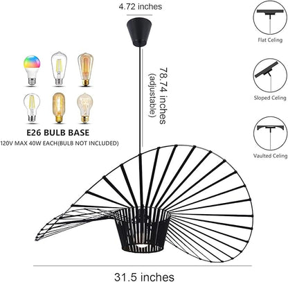 Modern Black Woven Chandelier, 31.5" Farmhouse Coastal Hat Pendant Light Fixtures Matte Black Handwoven Shade Boho Pendant Hanging Lamp for Kitchen Dining Room Bedroom Foyer Hallway