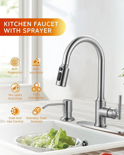 Kitchen Faucets with Soap Dispenser with Pull Down Sprayer, High Arc Single Handle Stainless Steel Sink Faucets 1 or 3 Hole, Kitchen Sink Faucets for Farmhouse Camper Laundry Rv Bar,Brushed Nickel