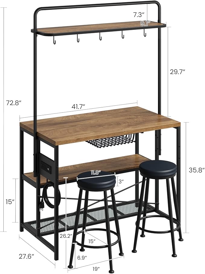 Garvee Kitchen Island with Power Outlet & 2 Bar Stools, Industrial Bakers Rack with 3-Tier Shelves & 5 Hooks, Microwave Stand Coffee Bar Table for Dining Room, Living Room, Apartment