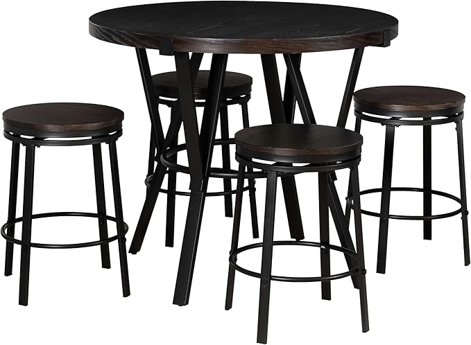 Powell Mikka Black and Brown Five Piece Round Counter Height Dining Pub Set with Swivel Seats
