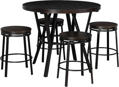 Powell Mikka Black and Brown Five Piece Round Counter Height Dining Pub Set with Swivel Seats