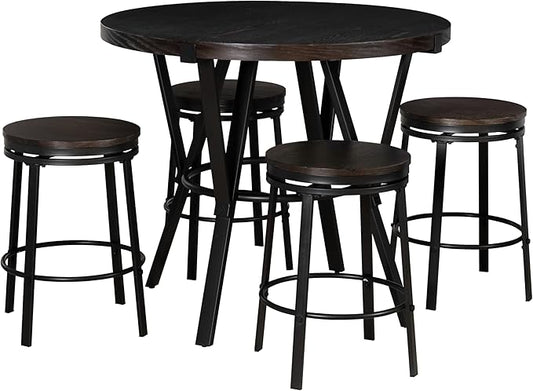Powell Mikka Black and Brown Five Piece Round Counter Height Dining Pub Set with Swivel Seats