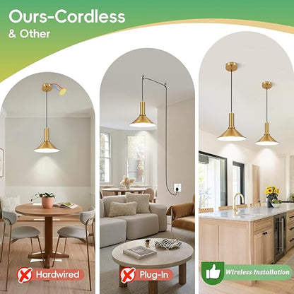 Battery Operated Pendant Lights 2 Pack,Rechargeable Pendant Light with Remote,Gold Pendant Light Fixtures for Kitchen island,Modern Industrial hanging Lights for Dining Room Hallway Entryway Bedroom