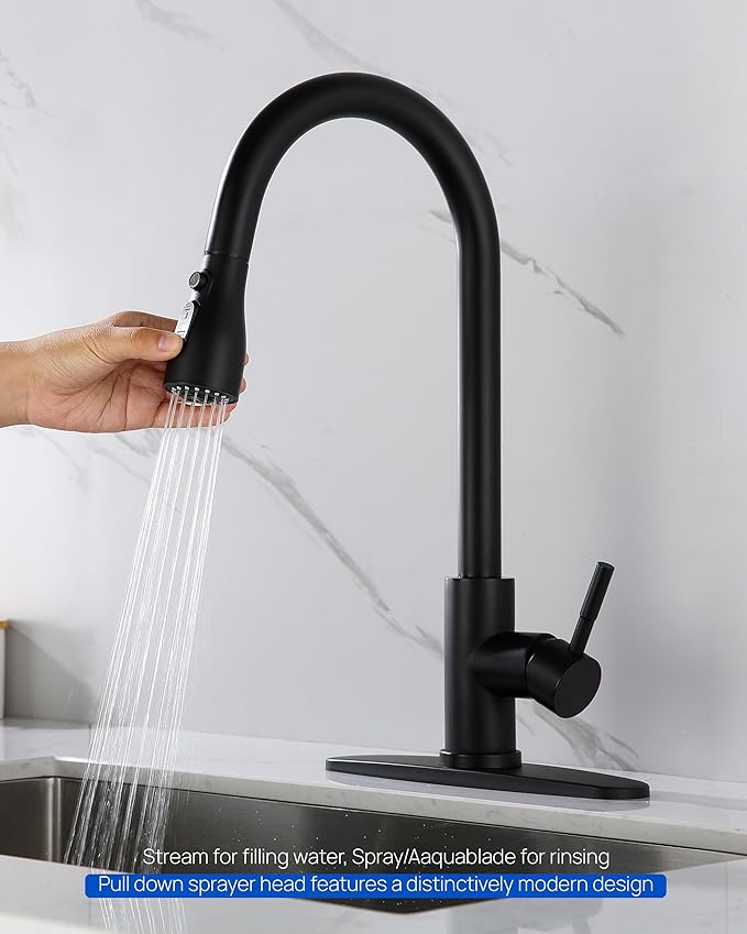 Metal Kitchen Faucet Head Replacement – 3 Mode Kitchen Sink Sprayer Replacement with 15 Nozzle Adapters, Durable Pull Down Spray Head for Kitchen Sink (Stream/Spray/Blade),Stainless Steel, Matte Black