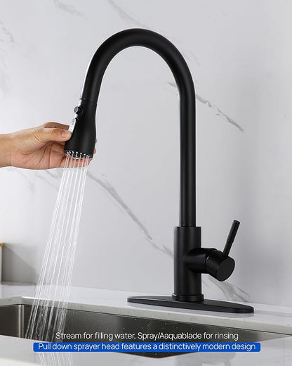 Pull Down Kitchen Faucet Sprayer Head Replacement Part with 15 Connectors, 3 Function Pull Out Sink Sprayer Replacement Nozzle, Kitchen Faucet Head Hose Spray Tap Spout, Matte Black