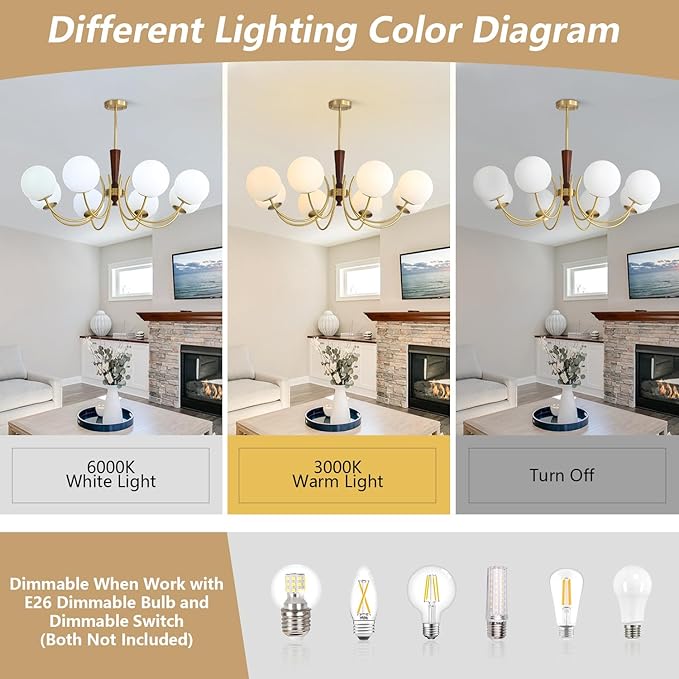 KCO Lighting 8 Light Brass Gold Chandelier White Milk Glass Pendant Light Mid Century Modern Dining Room Chandelier Vintage Chandeliers for Bedroom