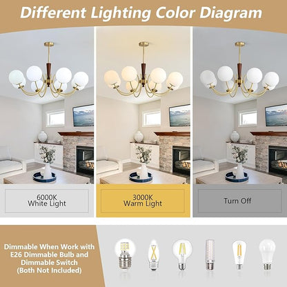 KCO Lighting 8 Light Brass Gold Chandelier White Milk Glass Pendant Light Mid Century Modern Dining Room Chandelier Vintage Chandeliers for Bedroom