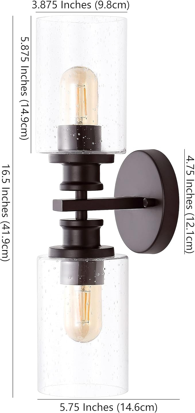 JONATHAN Y 16.5" Oil Rubbed Bronze 2-Light LED Wall Sconce, Modern Farmhouse Vanity Light with Seeded Glass Shade, Industrial Iron Fixture for Bathroom Mirror, LED Bulbs Included (JYL7577B)
