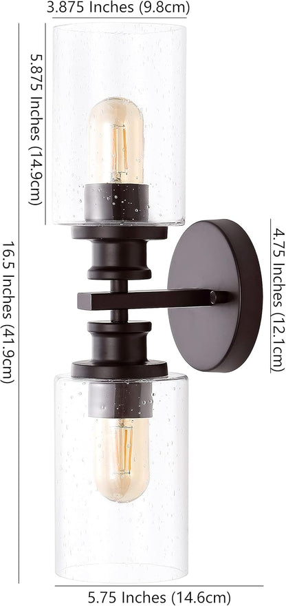 JONATHAN Y 16.5" Oil Rubbed Bronze 2-Light LED Wall Sconce, Modern Farmhouse Vanity Light with Seeded Glass Shade, Industrial Iron Fixture for Bathroom Mirror, LED Bulbs Included (JYL7577B)