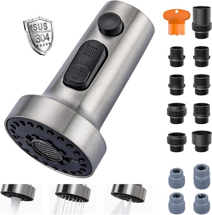 Stainless Steel Kitchen Faucet Head: ARCORA 3-Function Kitchen Faucet Head Replacement with 13 Adapters - Brushed Nickel Pull Down Spray Head Compatible with Moen, Delta, American Standard Faucets
