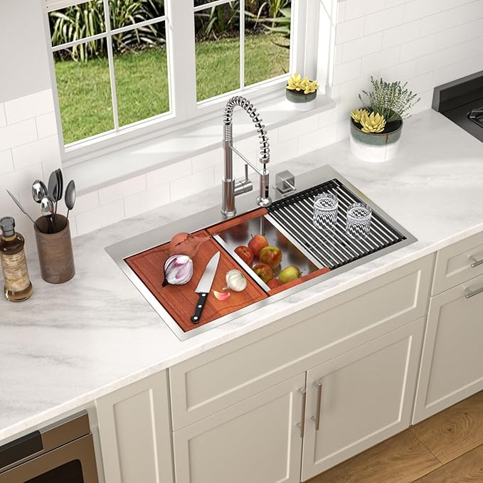 Dcolora 33x19 Kitchen Sink Drop In with Workstation Handed-Welding 16 Gauge 304 Stainless Steel Large Single Bowl Drop In Sink Top mount Brushed Nickel, #DC-T7764