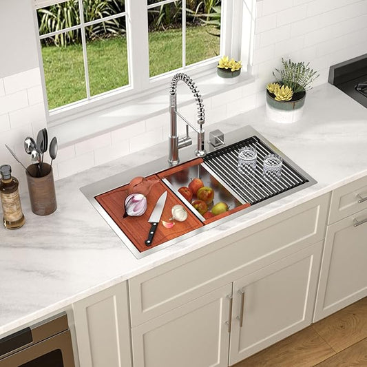 Dcolora 33x19 Kitchen Sink Drop In with Workstation Handed-Welding 16 Gauge 304 Stainless Steel Large Single Bowl Drop In Sink Top mount Brushed Nickel, #DC-T7764