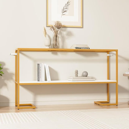 Furnify Console Sofa Table, 52" Modern Entryway Table, 2-Tier Open Shelf with Tempered Glass, Metal Frame Behind Couch Table with Gold Metal Frame for Living Room Hallway Entrance, White